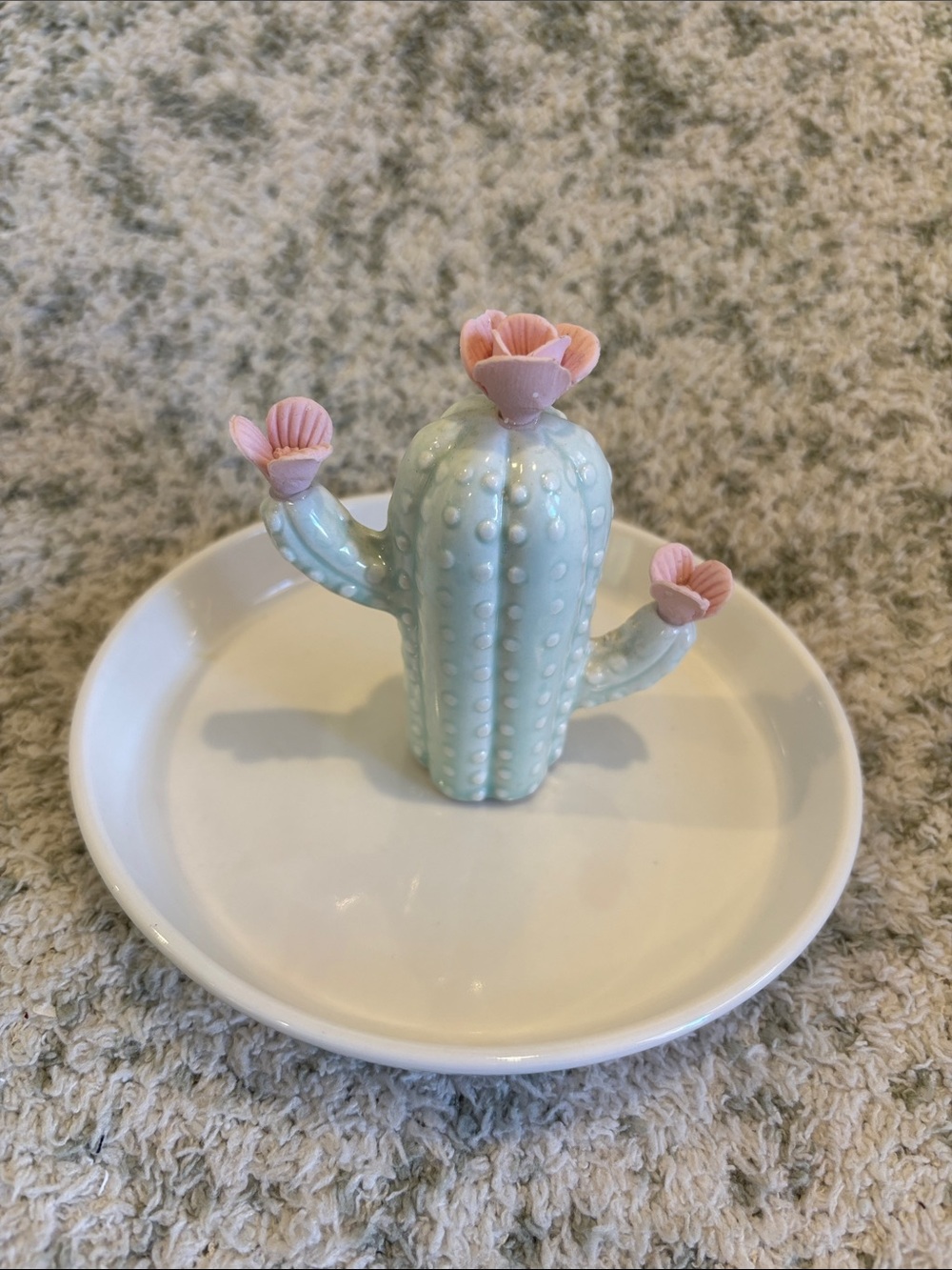Pretty Mint Cactus Pink Flowers Ceramic Trinket Jewelry Dish NWT 5.5”